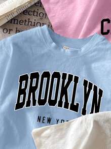 SHEIN EZwear Áo thun ngắn tay cổ tròn in họa tiết tiếng Anh Mỹ cổ điển tối giản 3 món/bộ, mùa hè - Nhiều màu - Xem 8