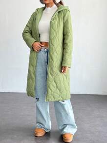 SHEIN PETITE 纯色连帽前拉链绗缝夹克，冬季长袖 - 軍綠色 - 查看 7