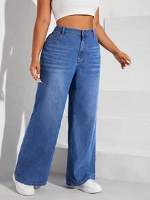 SHEIN EZwear Quần jeans ống đứng màu xanh lam không co giãn cho nữ cỡ lớn, mùa thu/đông - Màu xanh lam - Xem 5