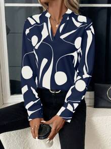 EMERY ROSE Women Geometric Print Cut Out V Neck Long Sleeve Casual Shirt, Autumn Fall Cloth For Women - Navy Blue - View 3