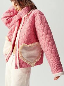 Bohemela 女士度假宽松编织格子心形装饰高领长袖保暖夹克 - 紅色 - 查看 1
