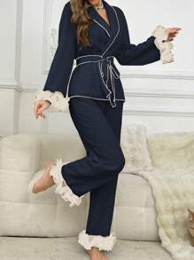 Côtesoire Kontrast-Farbige Rüschen-Trim Damen Pyjama Set, Herbst Winter Kleidung