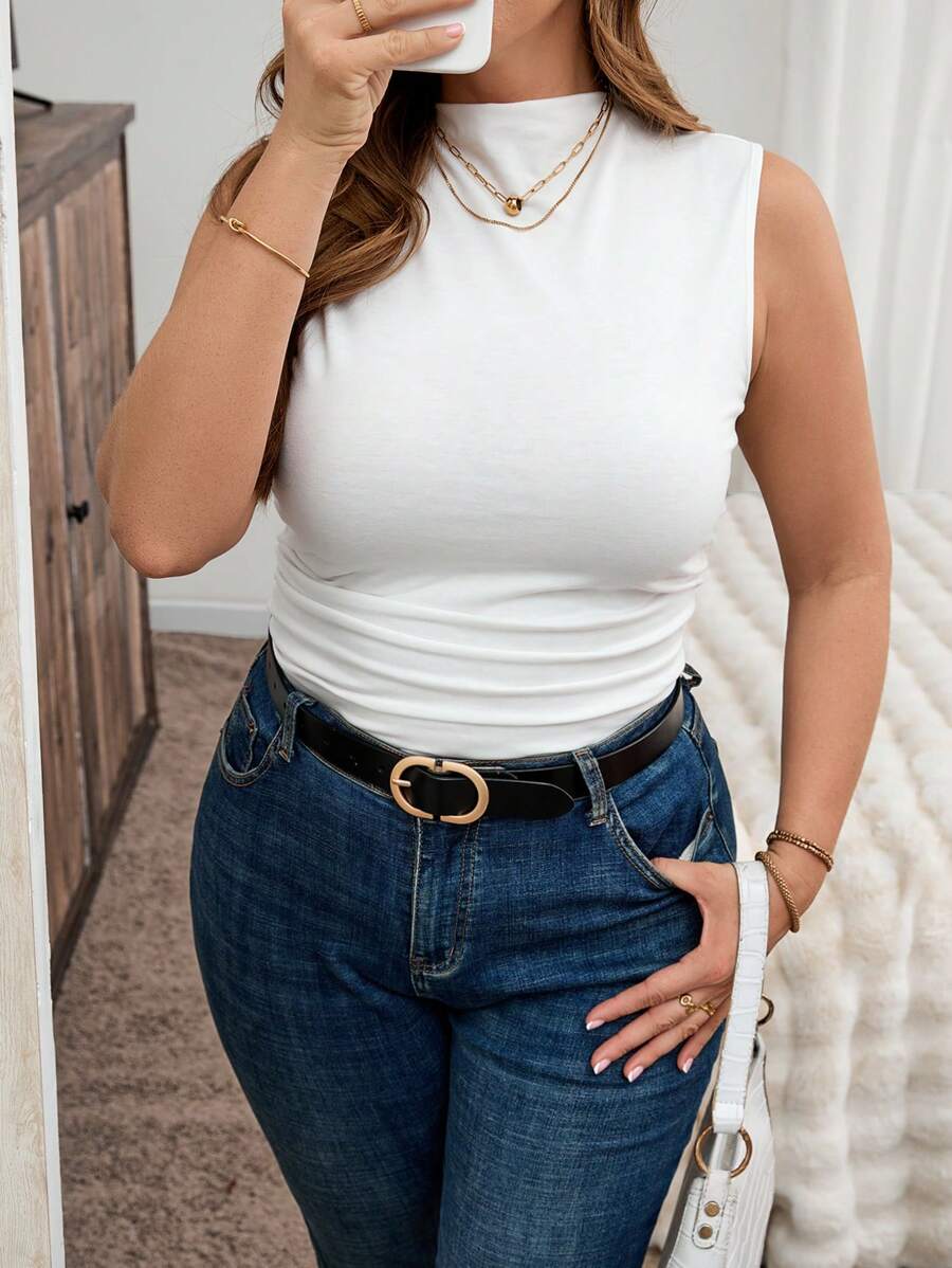 Plus Size Women Solid Funnel Neck Ruched Slim Casual White Tank Top Holiday - White - View 1