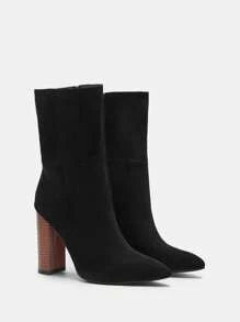 CUCCOO BIZCHIC Printed Wood Grain Thick Heel Pointed Toe Ankle Boots For Christmas And New Year Holiday - Black - View 6