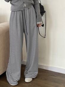 DAZY 新款秋季宽松休闲女式条纹抽绳腰阔腿裤 - 黑色 - 查看 5
