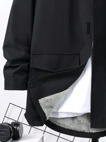 SHEIN Leap Crew 1 件青少年男童休闲百搭舒适长款宽松保暖内衬连帽衫带贴片，适合秋冬季户外穿着 - 黑色 - 查看 7
