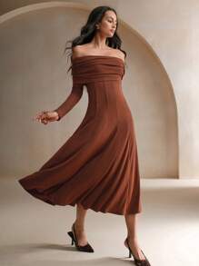 Anewsta Vestido largo de manga larga con hombros descubiertos, cintura ceñida y falda en línea A, atuendo formal de mujer para ocasiones maxi