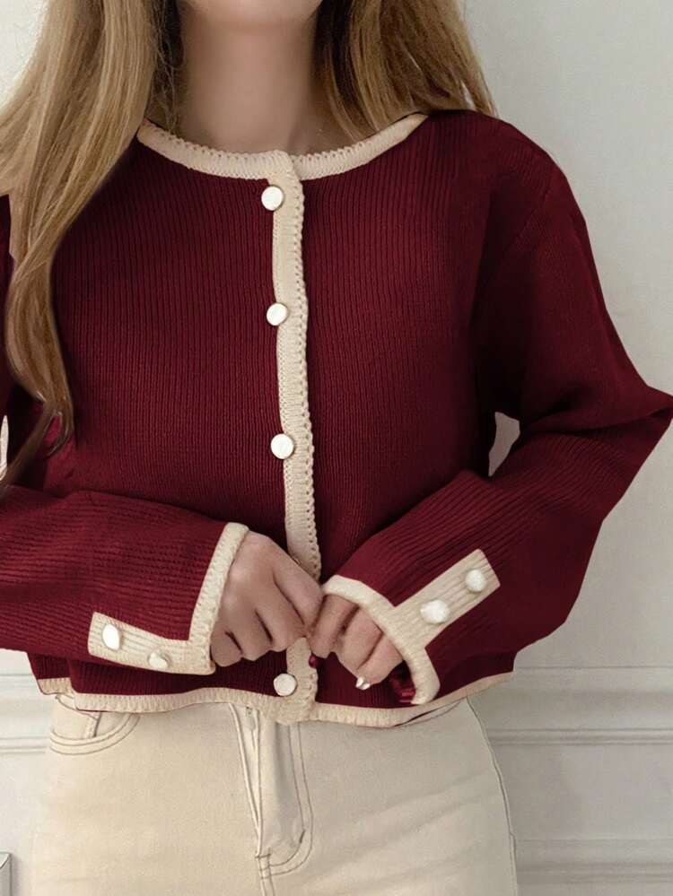 Women's Colorblock Ribbed Round Neck Fitted Cardigan, Christmas Season, Autumn ,Holiday,Long Sleeve Tops,Fall Women Clothes Christmas