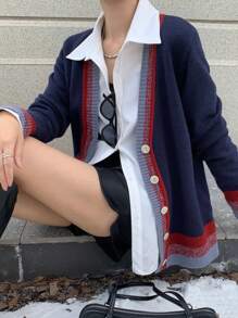 DAZY Women Color Block V Neck Loose Knitted Cardigan,Long Sleeve Tops,Fall Clothes Jacket