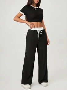 SHEIN PETITE Women's Summer Sexy Color-Blocked Round Neck Short-Sleeved T-Shirt + High-Waisted Lace-Up Trousers Two-Piece Set