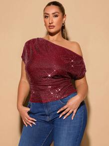 SHEIN BAE Top asimétrico de manga corta con hombros descubiertos, acampanado y con brillo y lentejuelas para mujer talla grande, adecuado para fiestas elegantes de otoño, fiestas y ocasiones elegantes de Halloween