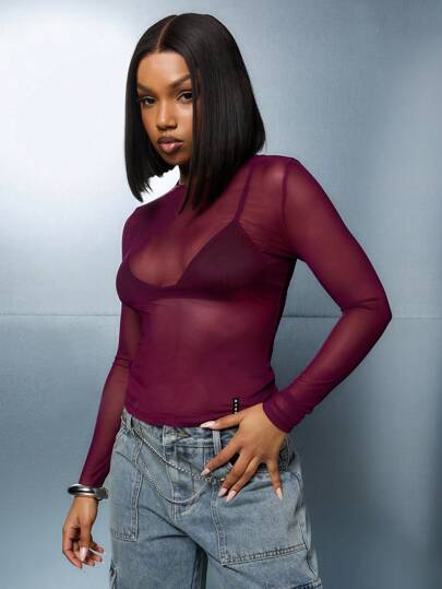 SUMWON WOMEN 透明网眼长袖修身紧身衣圆领修身层上衣秋冬派对夜店装透明