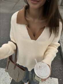 Chiquease Pull simple et décontracté à col V, manches longues, couleur unie. Tricot pour femmes, automne-hiver - Nude - Voir 7
