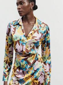 Maija 1pc Women Floral Print Long Sleeve Ruched Elegant Stylish Mini Dress - Coffee Brown - View 7