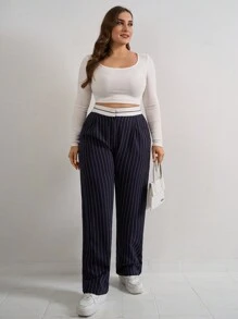 SHEIN Cottnline Plus Size Women's Striped Print Slant Pocket Straight Leg Suit Pants - Navy Blue - View 6