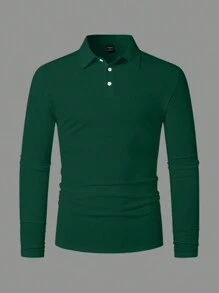 Manfinity Homme Men's Solid Color Long Sleeve Casual Commuter Polo Shirt, Autumn - Dark Green - View 5