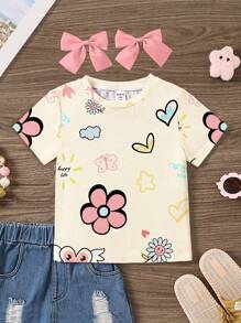 SHEIN Floral Print Casual Short Sleeve Round Neck T-Shirt For Tween Girls, Suitable For Summer