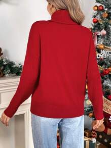 Chiquease 女士纯色高领长袖休闲针织套头衫，秋冬款 - 紅色 - 查看 2