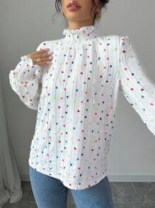 Calvaya Camiseta ajustada de mujer de cuello alto con mangas largas, adorno de volantes y gráfico de corazón colorido, para otoño e invierno