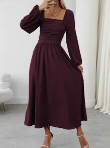 SHEIN Clasi Đầm Maxi Nữ Tay Dài Cổ Vuông Xếp Ly Xẻ Cao, Màu Trơn, Trang Phục Nữ - Màu Tím - Xem 7