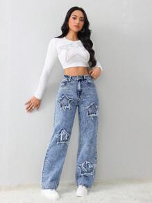 女士牛仔裤 蓝星直筒牛仔裤 牛仔裤 牛仔连体裤 女士服装 女士牛仔裤 宽松牛仔裤 - 中等水洗藍 - 查看 4