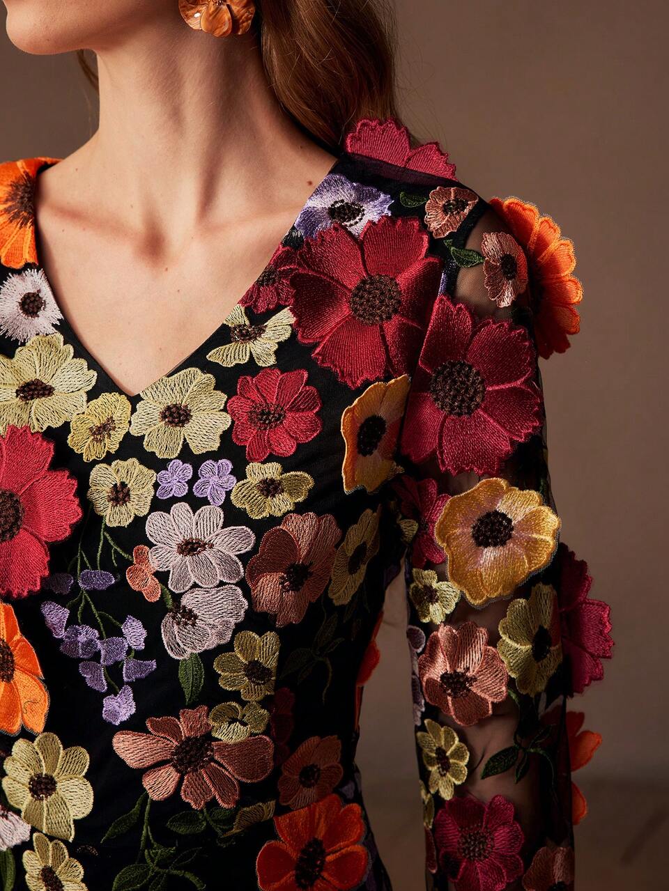 EMBROIDERY FLORAL MESH OVERLAY V-NECK DRESS