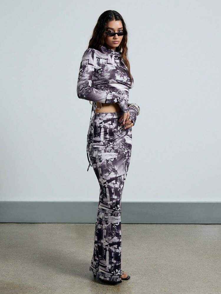 Printed Stand Collar Long Sleeve Cut Out Detail Ruched Side With Tie Bodycon Maxi Dress