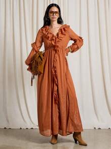 AiiRZ 波西米亚风卢勒克斯饰面 V 领荷叶边细节长袖束腰超长连衣裙 - 橘色 - 查看 3