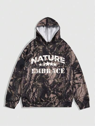 ROMWE Avant Sudadera con capucha casual de hombre con estampado de rama de árbol y letra, para primavera y otoño