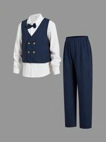 3pcs/Set Kids/Tween Boys College Style Uniform Vest, Solid Color Lapel Long Sleeve Shirt With Necktie, And Straight Solid Color Pants, Gentleman Suit Set - Multicolor - View 1