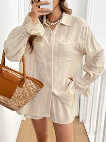 SHEIN Frenchy 2 件套女士休闲纯色简约落肩宽松喇叭衬衫和纸袋腰短裤 - 彩色 - 查看 1