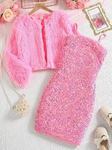 2pcs/Set Tween Girl Furry Short Jacket And Sequin Decorated Dress Set, Autumn/Winter - Pink - View 1