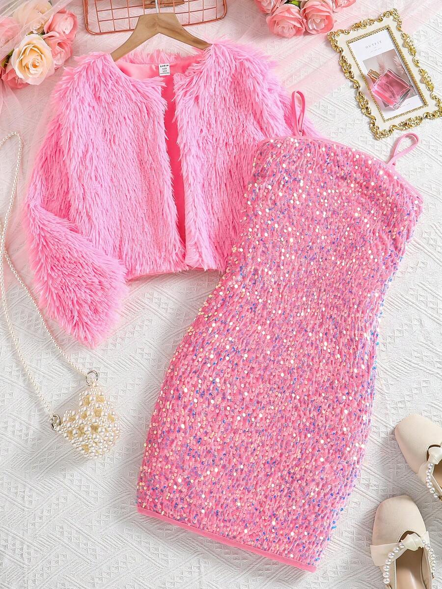 2pcs/Set Tween Girl Furry Short Jacket And Sequin Decorated Dress Set, Autumn/Winter - Pink - View 1