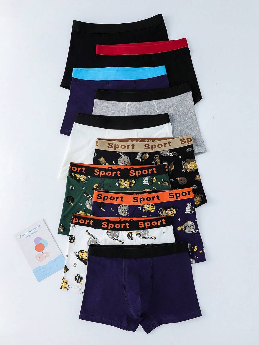 10pcs Tween Boy Minimalist Sports Series Print & Solid Color