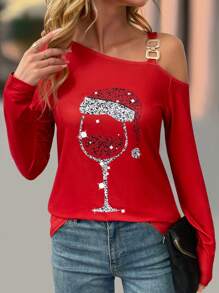 SHEIN LUNE 女式金属纽扣装饰斜肩印花休闲T恤新年衣服图案T恤女式上衣