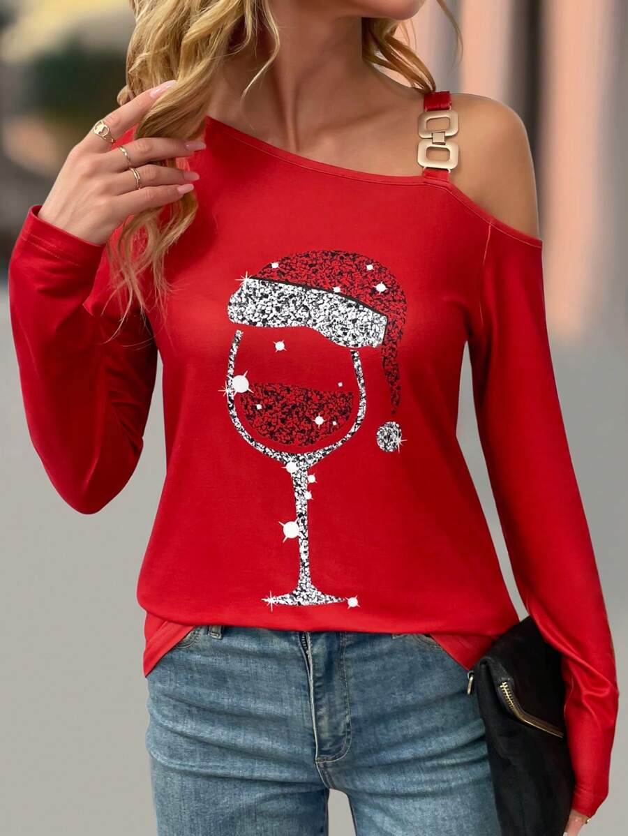 SHEIN LUNE 女式金属纽扣装饰斜肩印花休闲T恤新年衣服图案T恤女式上衣