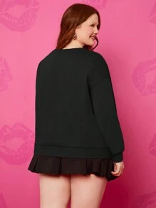 Betty Boop x SHEIN Plus Size Retro Sexy Street Trendy Y2k Herfst Zwart Klassiek Cartoon Portret Print Lange Mouw Ronde Hals Sweatshirt