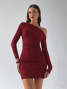 Aloruh Women's Solid Color Christmas Party Net Mesh Bodycon Mini Dress Red - Red - View 8