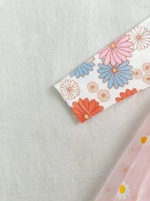 SHEIN 女婴 2-4 岁秋冬新品可爱休闲日常柔软面料花卉雏菊薄纱泡泡袖公主裙 - 粉色 - 查看 6