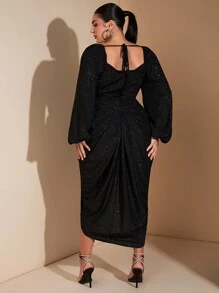 SHEIN BAE Elegantes Partykleid für Damen mit sexy Glitzer-Pailletten, drapiertem Ausschnitt, geraffter Taille und asymmetrischem Saum mit Schlitz, Langarm, für Herbst/Winter, Halloween-Party, Weihnachtsfeier, Thanksgiving, Weihnachten, Silvester, Große Größen
