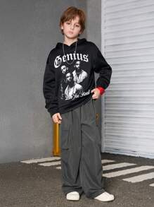 Tween Boy 街头风格人物肖像宽松连帽衫和休闲裤套装 - 黑色 - 查看 4