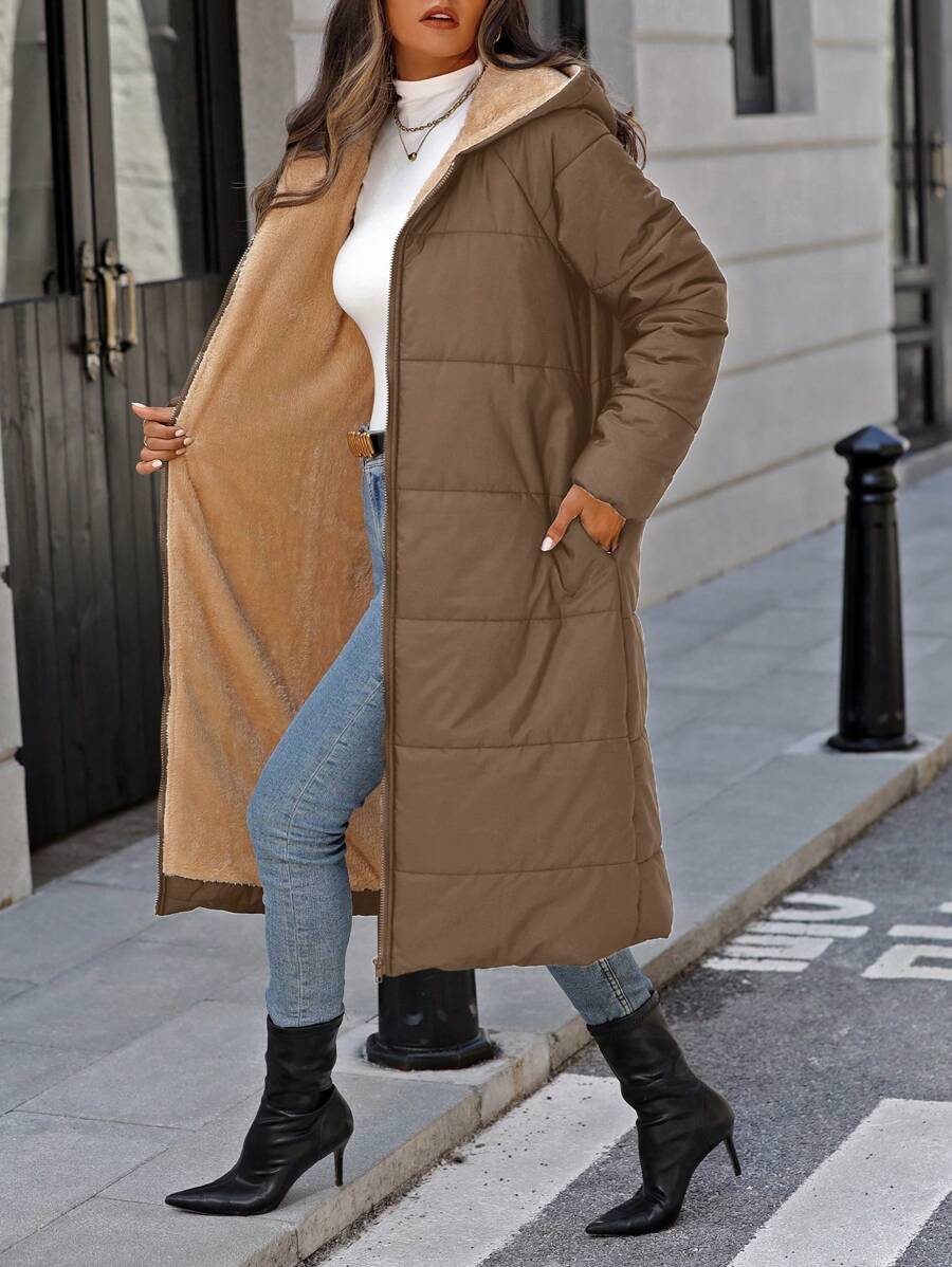 SHEIN Clasi Chaqueta de plumón con capucha, forrada térmicamente, con bolsillos laterales y cremallera frontal, de corte regular, para ropa de invierno de mujer