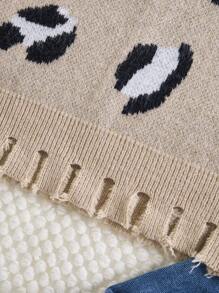 Teenage Girls Sweater, Fashionable New Street Style With Distressed V-Neck Leopard Print Pattern In Khaki Color, Unique Ripped Collar And Hem Design, Suitable For People And Various Occasions Like Home, Travel, Parties, Especially Music Festivals, Halloween, Christmas, Autumn/Winter