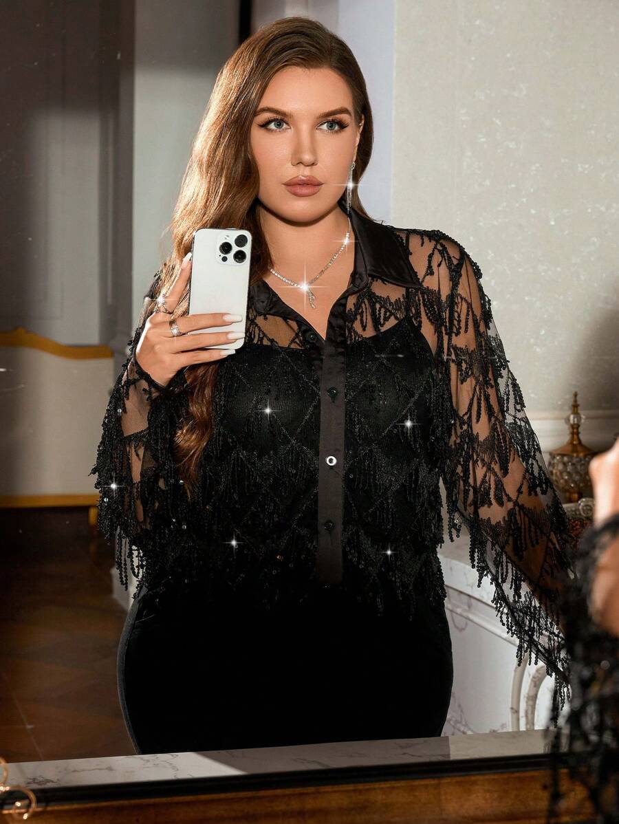 SHEIN Essnce 大码女式秋冬时尚优雅派对亮片透视黑色长袖纽扣衬衫上衣、秋季女装、优雅服装、化妆舞会服装、性感黑色上衣、新年前夜、圣诞派对女士 - 黑色 - 查看 1