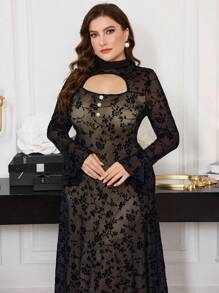Modelyn Plus Size Women Elegant Floral Flocked Cutout Stand Collar Bell Sleeve Dress Maxi Women Outfit