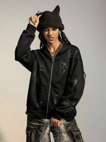 SHEIN EZwear Sudadera con capucha minimalista para mujer con cremallera frontal, manga larga y decoración de rhinestones