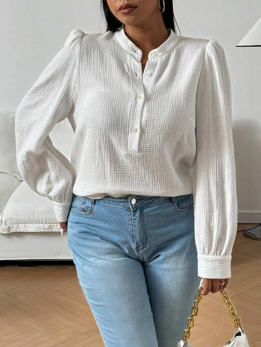 Flirla Plus Size Casual Textured Button Up Shirt, Autumn - White - View 1