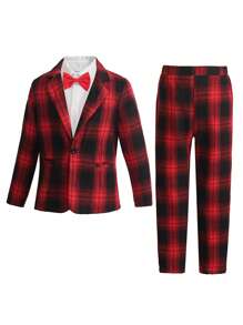 SHEIN 2 件套休闲绅士格子长袖西装外套和格子长裤，适合日常穿着、上学、旅行、婚礼、正式场合、春季和秋季 - 紅色 - 查看 6