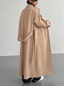 Flirla 女式纯色纽扣前口袋腰带休闲长袖夹克，秋冬 - 杏色 - 查看 2