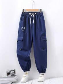 青少年男童休闲卡通字母印花抽绳腰部翻盖口袋宽松工装裤 - 寶藍色 - 查看 1